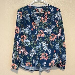 H&M Blue Floral Blouse Long Sleeve Button Down Top Career Casual Size 2